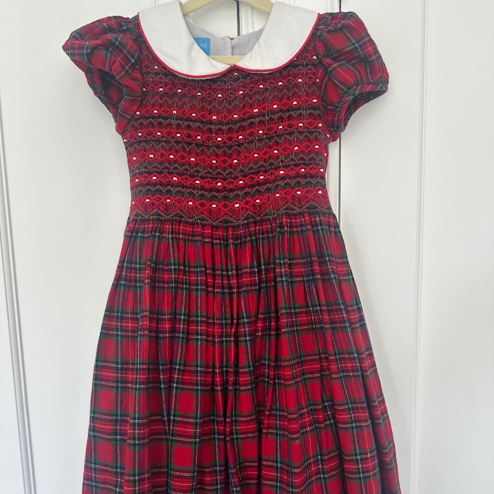 Anavani hand smocked girls red tartan Christmas dress sz 7